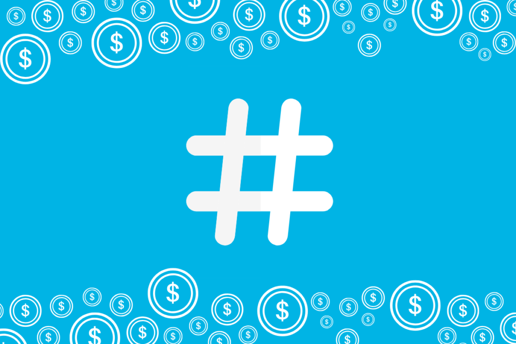 imagem com fundo azul com hashtag no centro da imagem e moedas nas bordas.