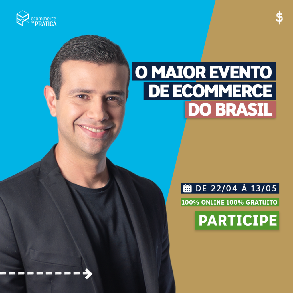 Banner com convite para Semana do Ecommerce. Nele, Bruno de Oliveira aparece em frente a um fundo bege.