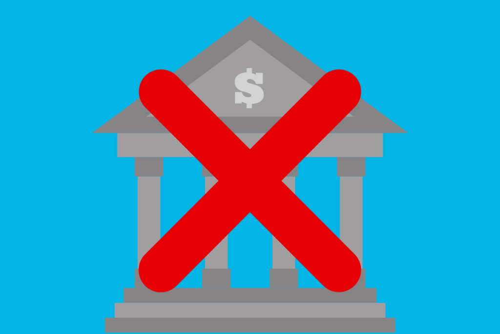 imagem que mostra um banco e um xis na frente, ilustrando que será livre do sistema bancário comum