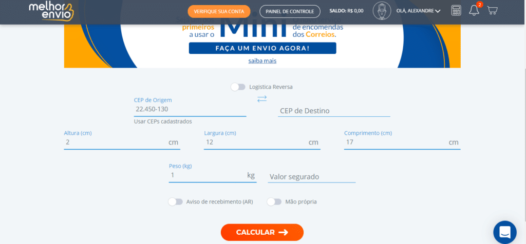 como funciona o melhor envio cotação