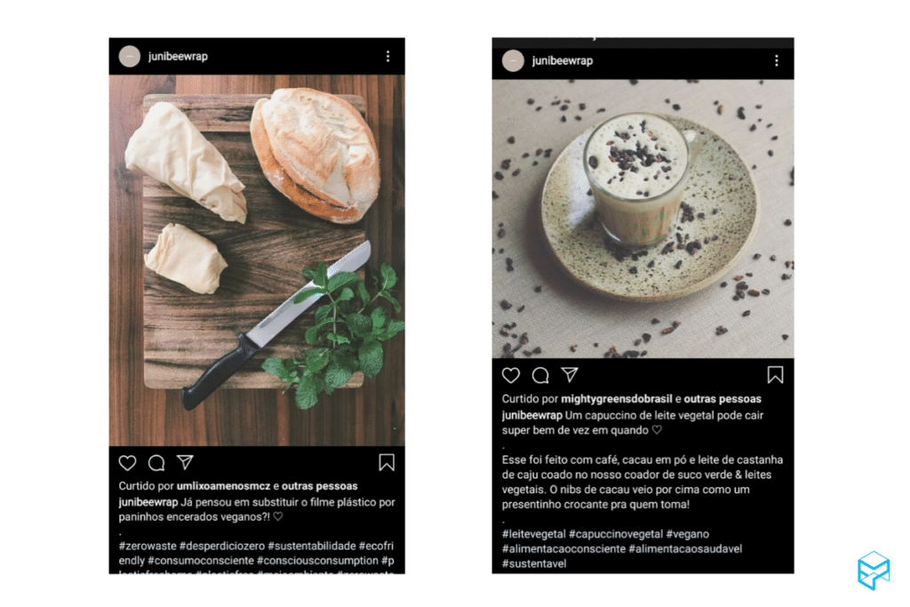 Exemplos de conteúdos que a Junibee posta dentro do Instagram: receitas e dicas.