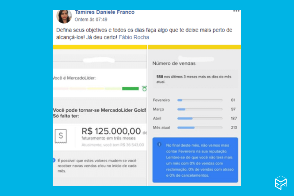 Postagem da Tamires Franco com print das suas vendas no Mercado Livre.