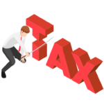 Ilustração com um boneco do gênero masculino tentando passar por cima da palavra Tax
