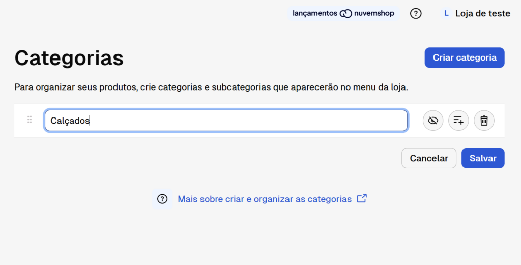 como adicionar categorias na Nuvemshop